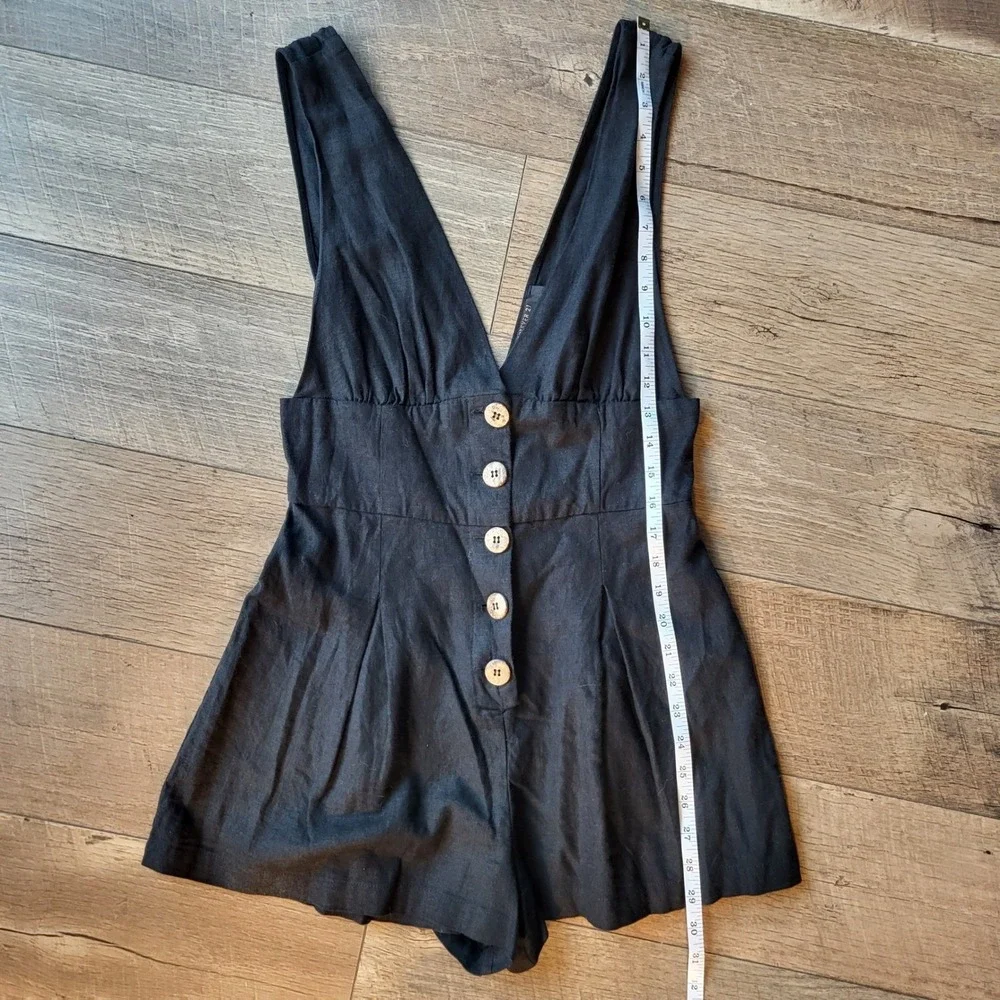 Forever 21 Contemporary Black Linen Blend Button Front V-Neck Romper Small